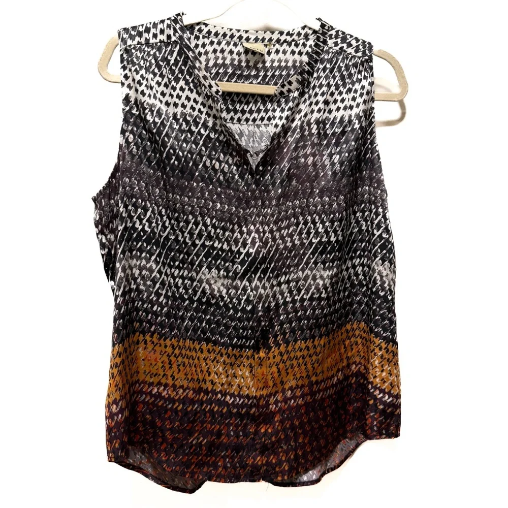 Ecru 100% Silk Sleeveless Button Down Blouse Top Earth Tone Ombre Large - Picture 2 of 7